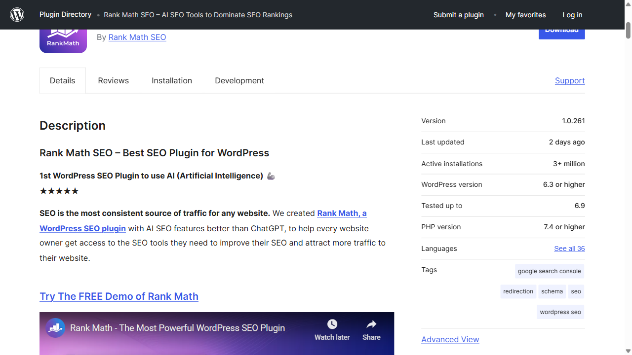 WordPress 插件目录：Rank Math SEO 插件页面（用于确认插件来源）