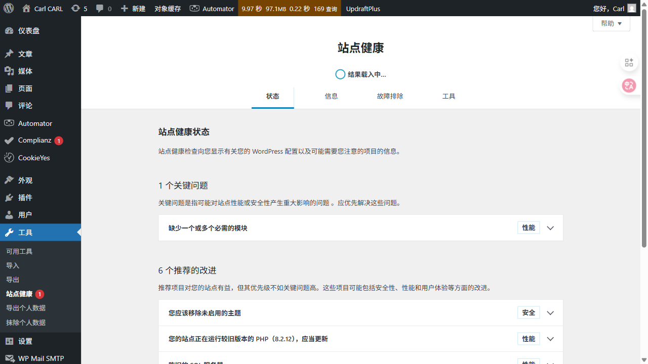 WordPress 站点健康页面（包含“故障排除”等入口）