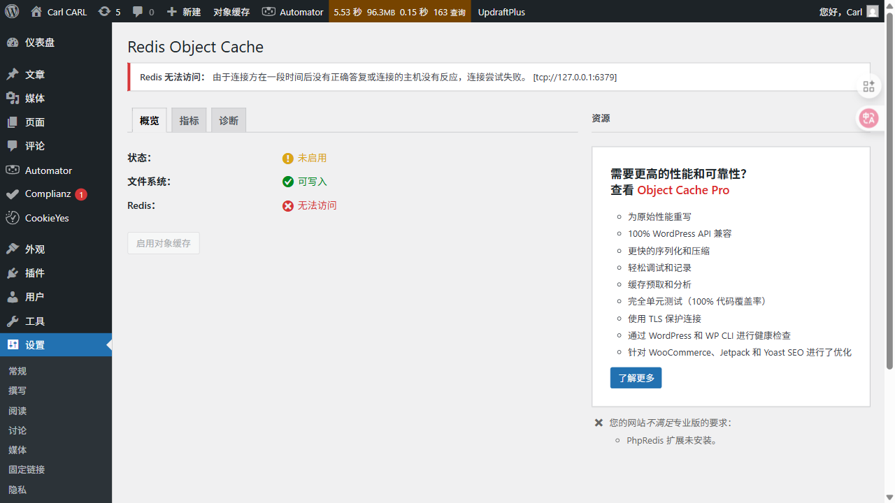 Redis Object Cache 设置页（连接状态与启用入口）