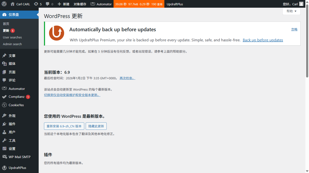 WordPress 后台更新页面（核心/插件/主题更新）